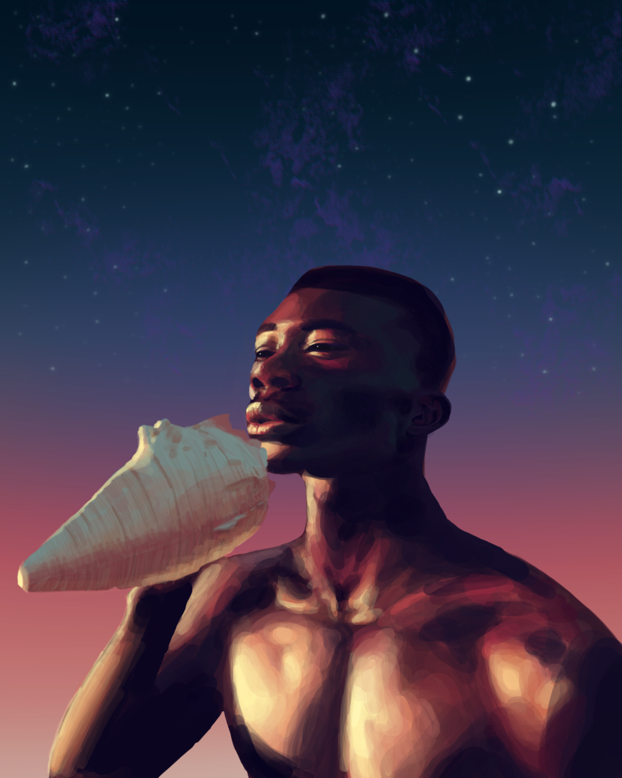 A man in front of a pink, purple, and blue hazy night sky blows air into a big conch shell.