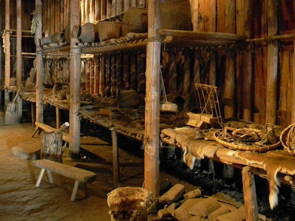 Interior of a reconstructed Iroquoian longhouse.
