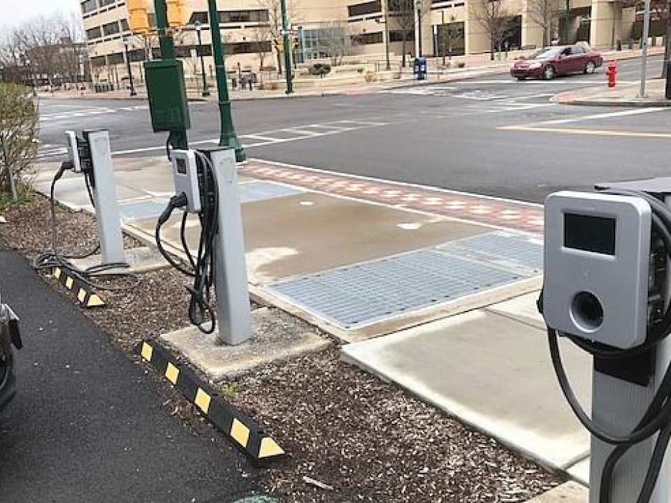 Electric car-charging stations on Washington St. in Syracuse