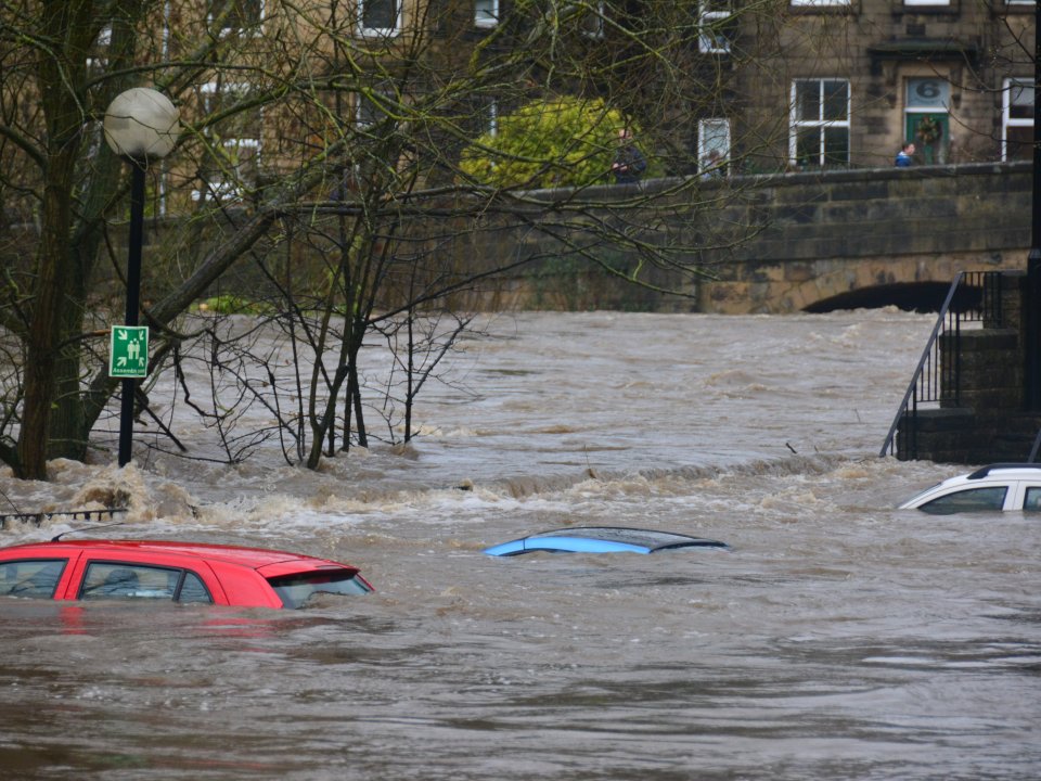 Flood waters rise above parked cars