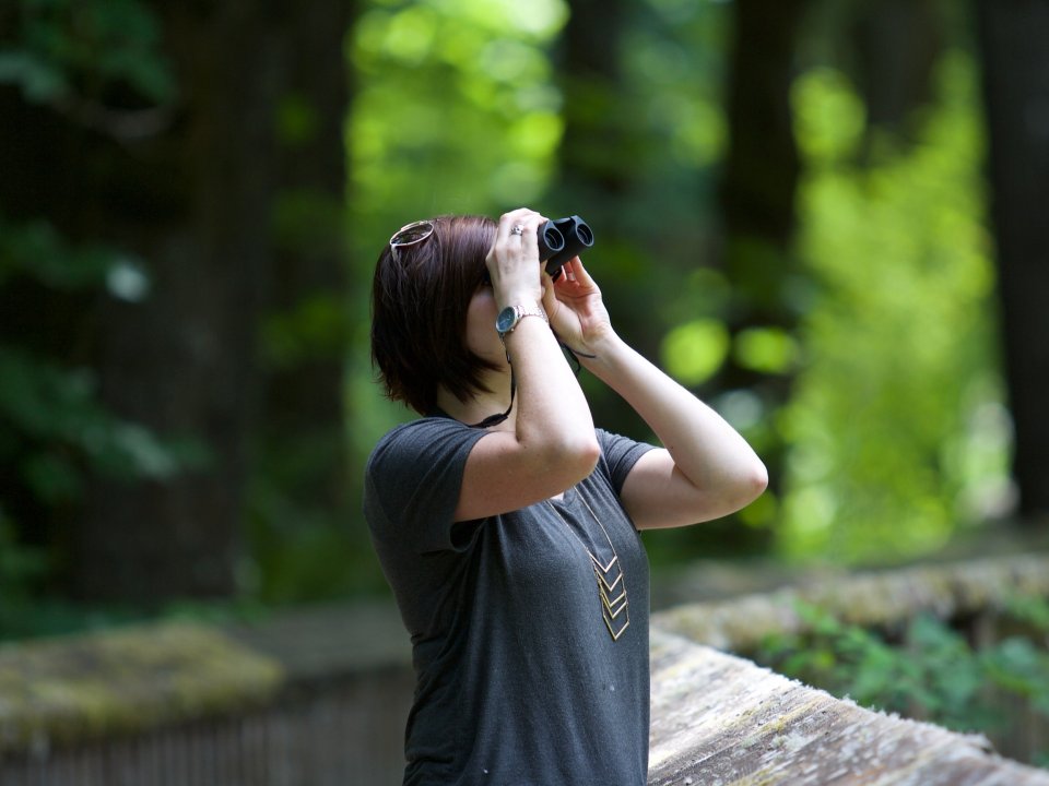 Woman looks up through binoculars
