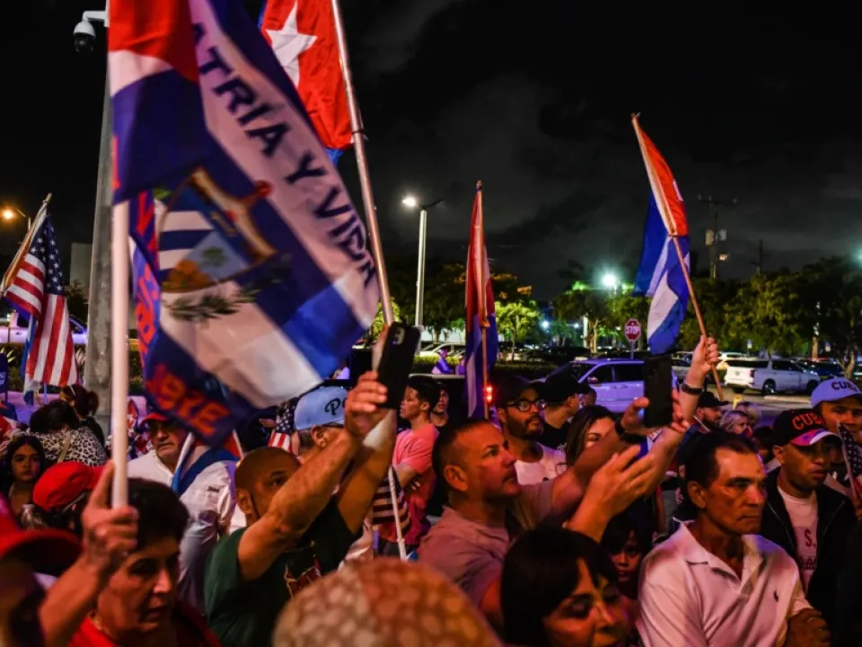 Cuba supporters protest ahead of bilateral talks between the US and Cuba in Washington held on April 21, in Miami, Florida, on April 20, 2022.