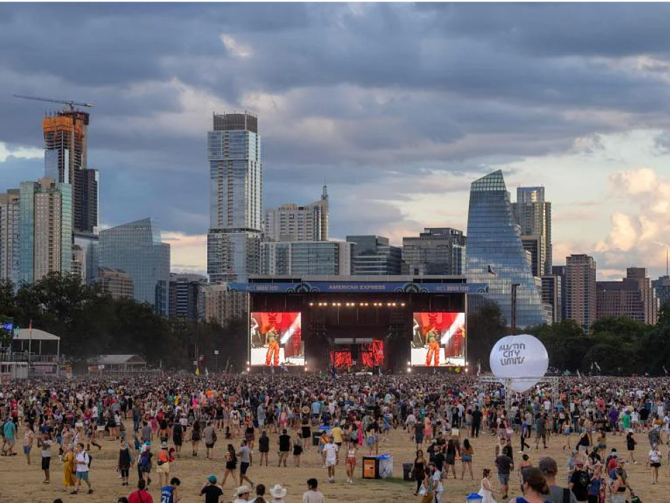 The skyline is seen behind the grounds during a music festival in Austin, Texas, on Oct 16, 2022.