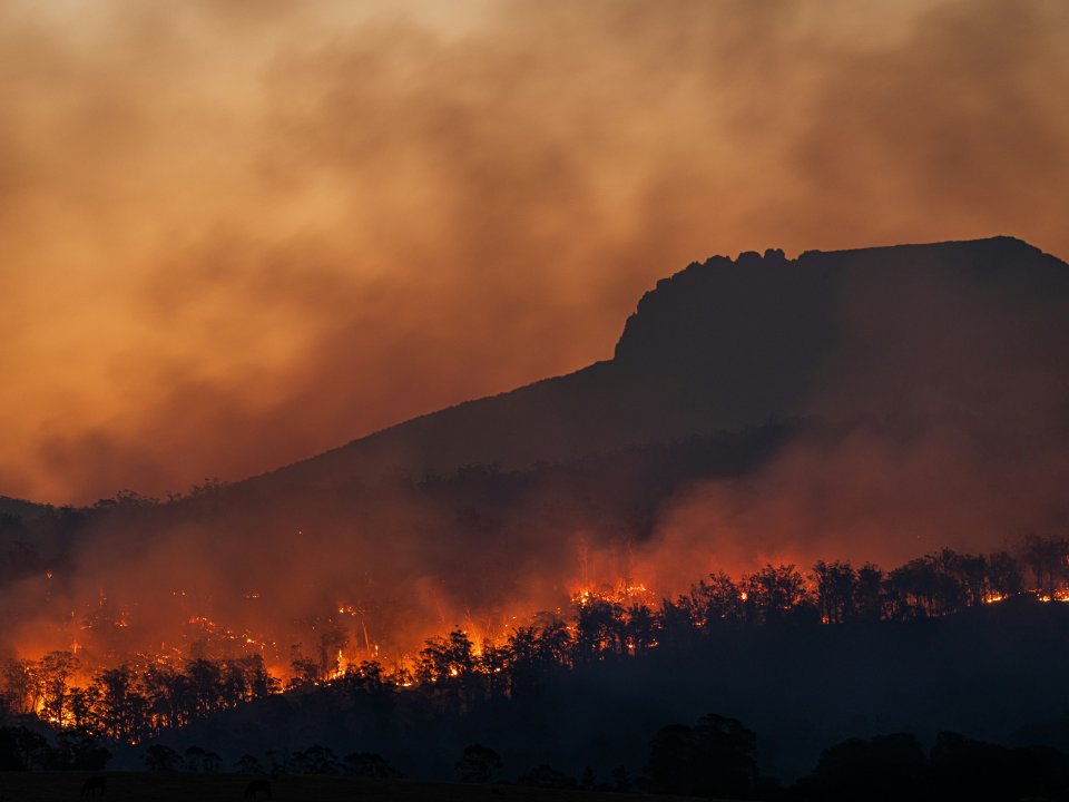 Wildfires burn across mountainous terrain with a smoky orange sky.