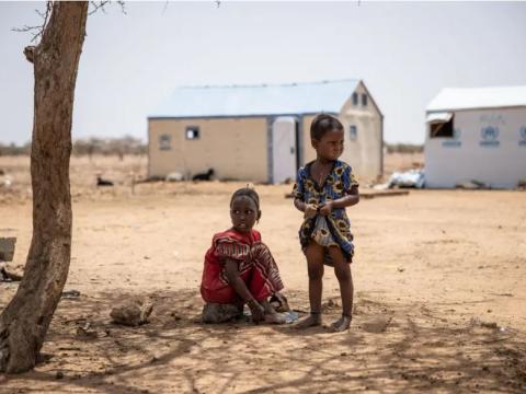 Children sit under a tree in Goudebou, a refugee camp in northern Burkina Faso